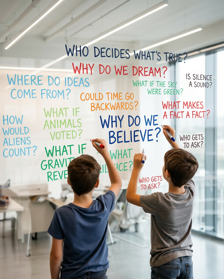 Children writing questions on a glass wall